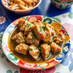 Trozos de pollo bañados con una apetitosa salsa encacahuatada