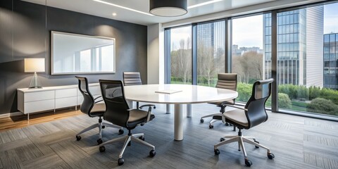 Modern Office Meeting Room with City View, Round Table, and Gray Carpet, office, meeting room, city view