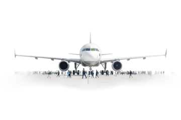 Plan on airport and passengers are walking around the plan