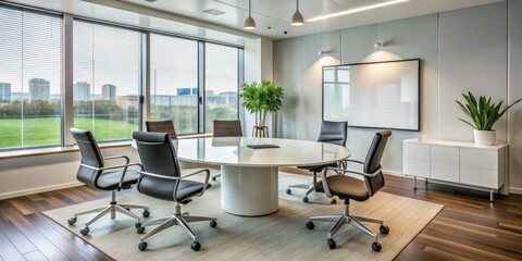 Modern Office Meeting Room with Round Table and City View, office interior, boardroom, corporate meeting room, conference room