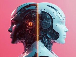 Dual futuristic robots with vibrant lights and sleek design.