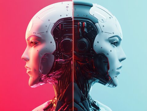 Neon-lit robotic figure with split red and blue light