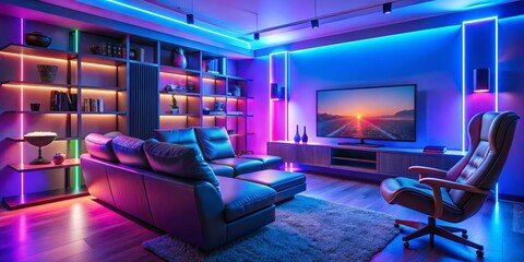 Neon Lights and Cozy Living Room with a View, home decor, living room, neon lights