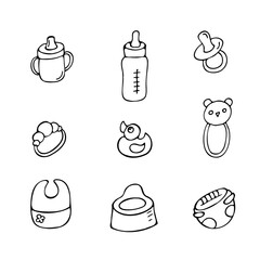 Vector set of drawings in cartoon style on a white background. Pictures of toys and accessories for kids.