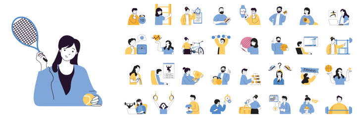 Fitness concept mega set with character scenes in flat design for web. Bundle situations with people playing tennis, doing training, exercising with gym ball, lifting barbell. Vector illustrations. © alexdndz