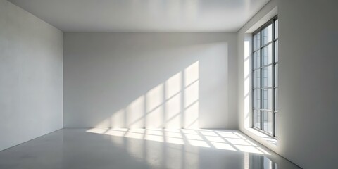Fototapeta premium Sunlight Streaks Through a Window in a White Room, 3D Render, Empty Space, Minimalism, Modern, Interior Design , sunlight