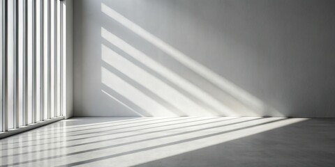 Obraz premium Sunlight Streaks Through Blinds on a White Wall, Minimalist, Interior Design, Shadow, Light ,minimalism ,interior design
