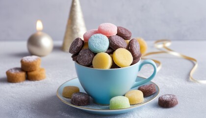 Blue Cup Filled with Colorful Candy Buttons with Christmas Decor