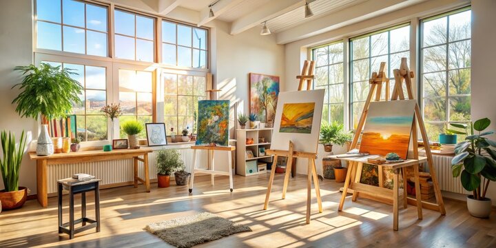 Sunlight Streaming Through Large Windows in an Artist's Studio, Two Easel Paintings , Wood Floor, Bright Colors, Interior Design , Artist Studio, Home Decor
