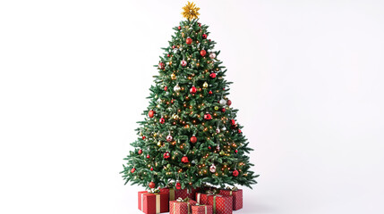 Fototapeta premium Full Classic Christmas Tree Decorated with Pinecones and Gold Ribbon – Snowy Flocked Branches with Warm White Lights – Isolated on White Background – Elegant Holiday Decoration – Merry Christmas