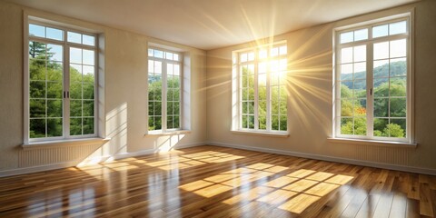 Fototapeta premium Sunlight Streaming Through Windows in Empty Room, Hardwood Floor, Interior Design, Window Light, Room , sunlight, interior