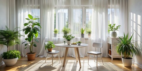 Sunlight Through White Curtains with Greenery, Interior Design, Home Decor, Plant Life Interior Design, Home Decor, Plant Life