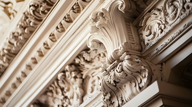 A close-up shot of Baroque ceiling moldings and cornices, focusing on the elaborate carvings and intricate patterns.