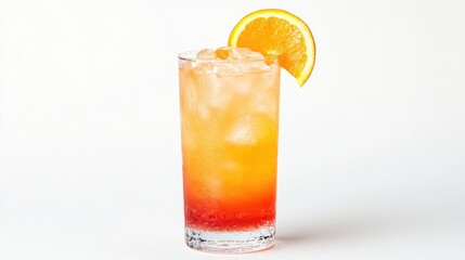 Fototapeta premium A refreshing cocktail in a highball glass with a garnish, displayed on a white background to accentuate the vibrant colors and the artistic presentation of the drink.