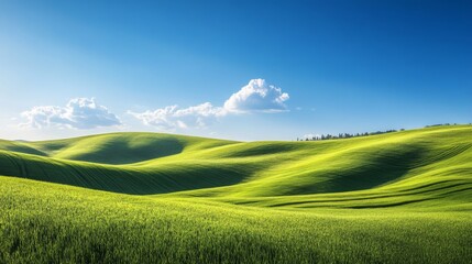 Obraz premium A picturesque landscape of rolling green hills under a clear blue sky, symbolizing tranquility and the beauty of the natural world.