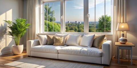 Fototapeta premium Sunlit Living Room with White Sofa and City View, 3D Rendering, Interior Design, Cozy, Modern, Minimalism