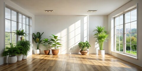 Sunlit Minimalist Interior with Greenery, White Walls and Wooden Floor, 3D Rendering, Home Decor, Interior Design, Minimalist Style
