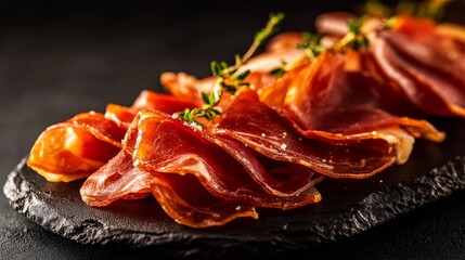 A close-up of thinly sliced Jam&oacute;n Ib&eacute;rico arranged beautifully on a slate platter. The rich red hue of the cured ham, the delicate texture of the slices, and the sprig of thyme add an element of sophi