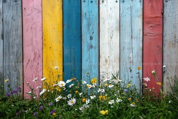 A vibrant wooden fence with vertical stripes in pastel colors, including pink, yellow, blue, and red. In front, a patch of wildflowers with daisies and other colorful blooms adds a natural touch.