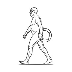 Fototapeta premium A man with a life preserver walking in a swimsuit