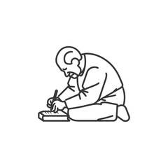 An elderly man kneeling and writing on a surface