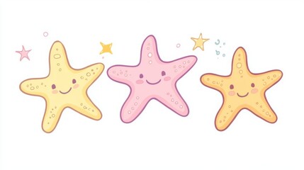 Obraz premium Cute illustration of three smiling starfish in pastel colors with tiny stars on a white background, perfect for kids' decor and marine themes.