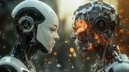 Futuristic robots facing each other with sparks