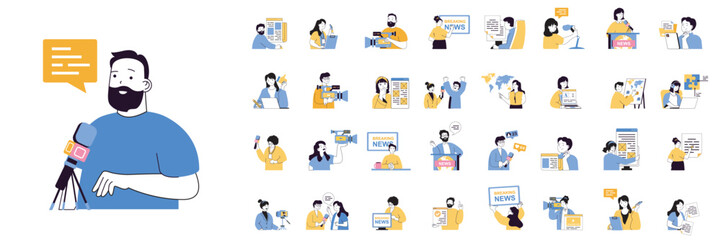 Journalism concept mega set with character scenes in flat design for web. Bundle situations with people talk breaking news, work in tv show, take interview, making reportage. Vector illustrations.