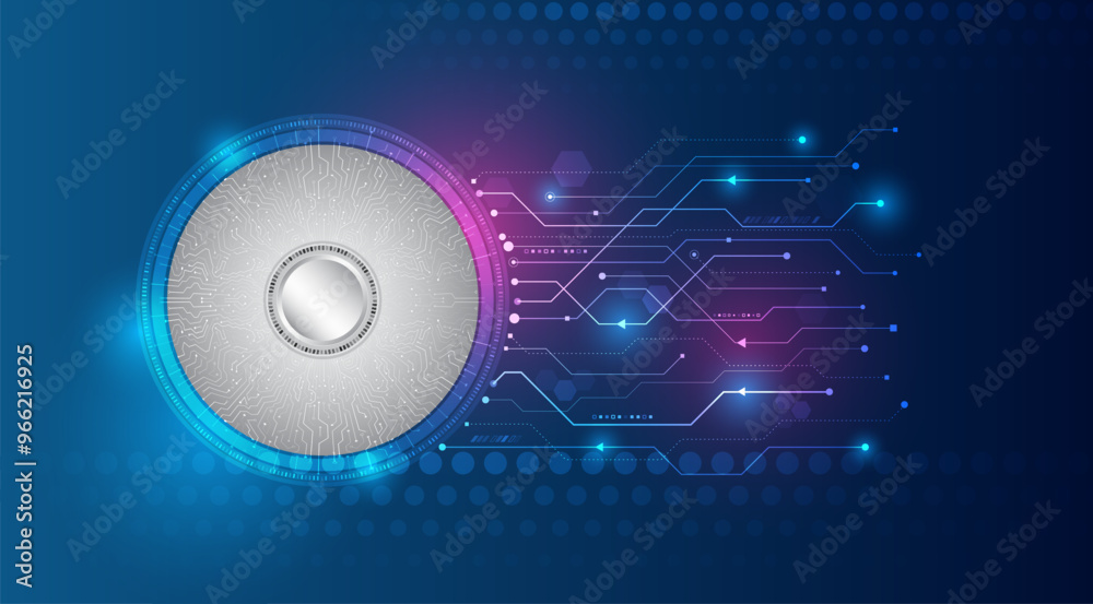 Poster Internet communications, big data, digital technologies. High tech banner. Technological geometric background consisting of circles on a blue background.