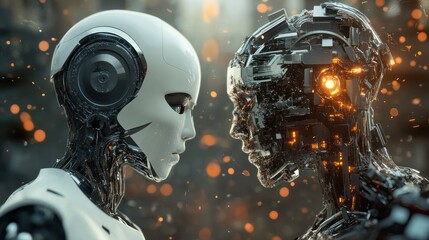 Face-to-face encounter between advanced humanoid robots.