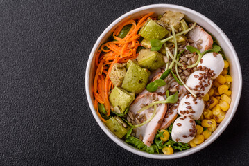 Delicious diet salad with turkey or chicken slices, lettuce, carrots, mozzarella