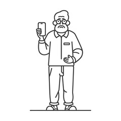 An elderly man wearing glasses holds a smartphone with a confused expression