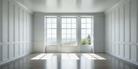 Fototapeta premium White Walls with Sunlight Streaming Through a Window, Wood Floor, Interior, Room, White, Minimalism, Sunlight