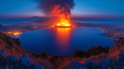 Fototapeta premium Volcanic eruption with lava flowing down the crater