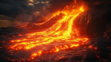 Fototapeta premium Volcanic eruption with lava flowing down the crater