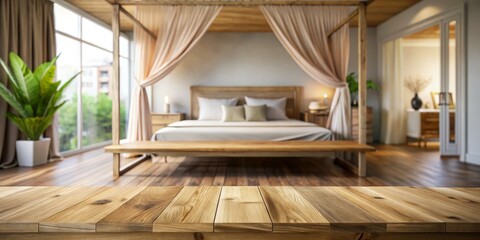 Obraz premium Wooden Tabletop Against Blurred Bedroom Background, Interior Design, Bedroom Decor, Home Design