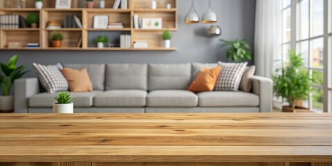 Obraz premium Wooden Tabletop in Living Room, Shelf, Interior, Mockup , Table, Furniture