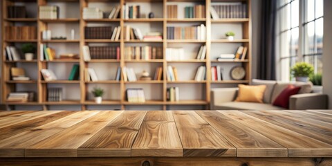 Obraz premium Wooden Tabletop with Blurred Bookshelf Background, wood, interior, home office
