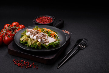 Delicious diet salad with turkey or chicken slices, lettuce, carrots, mozzarella