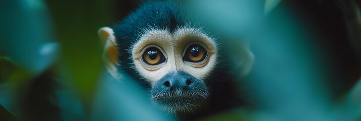 A close-up portrait of a Guenon monkey peering through lush foliage in a tropical rainforest. Its inquisitive eyes and soft fur capture the beauty and intrigue of this primate. The image symbolizes th