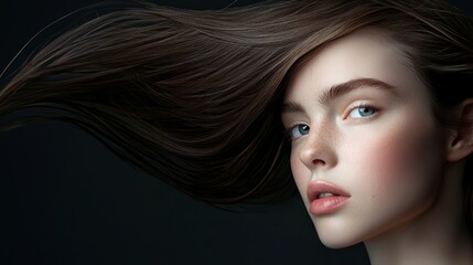 Explain how the use of light and shadow in this image enhances the depth and shine of the womans hair, highlighting the importance of hair texture in beauty photography