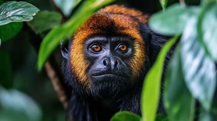 Obraz premium A close-up portrait of a Howler Monkey with striking orange fur, peering from the dense foliage of a tropical rainforest. The image captures the monkey's inquisitive gaze, highlighting its natural hab