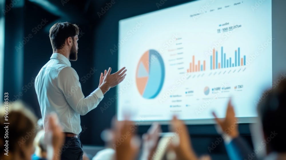 Poster a professional giving a presentation with a slide showing a feedback chart, while the audience raise