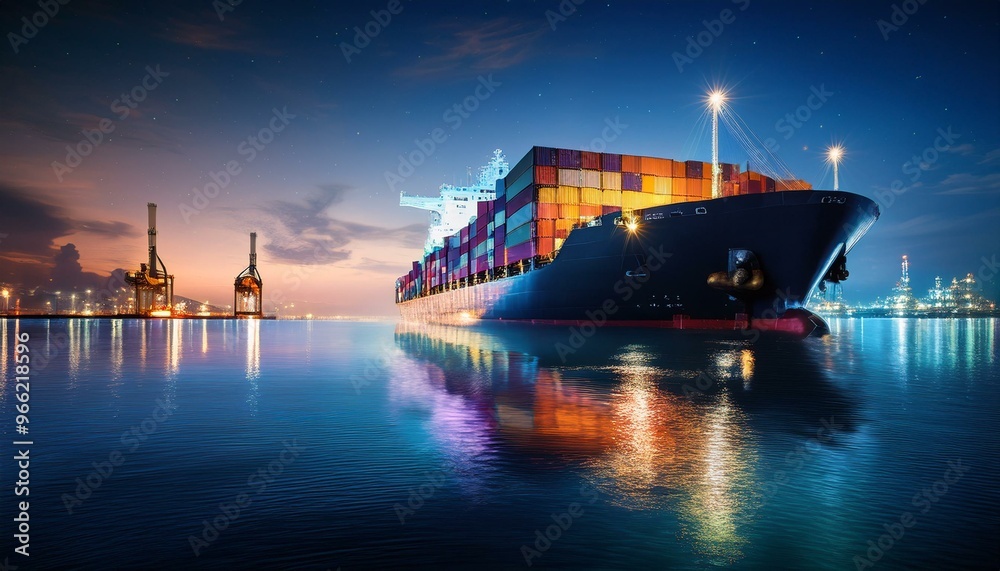 Wall mural container ship preparing to leave port late at night