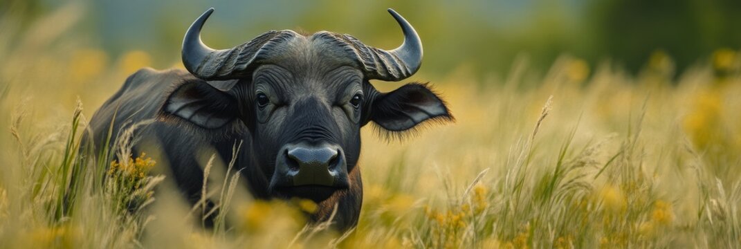 A close-up portrait of a water buffalo (Bubalus bubalis) in a lush grassland. Its dark coat contrasts with the bright green and yellow hues of the surrounding vegetation. The buffalo's gentle gaze sug
