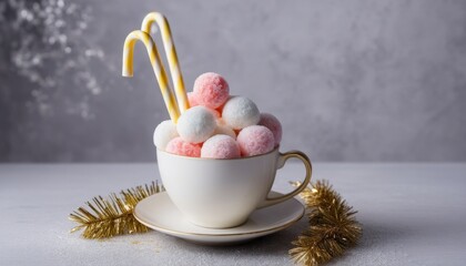 White Cup Filled with Pink and White Candy Balls with Candy Cane Sticks