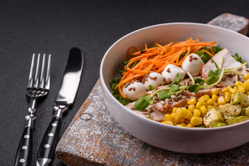 Delicious diet salad with turkey or chicken slices, lettuce, carrots, mozzarella