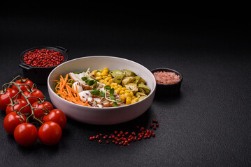 Delicious diet salad with turkey or chicken slices, lettuce, carrots, mozzarella