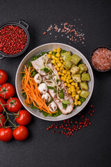 Delicious diet salad with turkey or chicken slices, lettuce, carrots, mozzarella