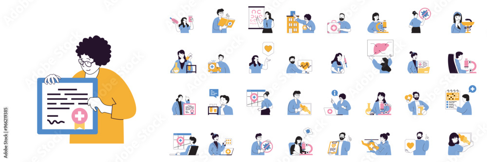 Poster medical services concept mega set with character scenes in flat design for web. bundle situations wi